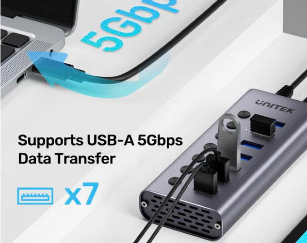 Bộ Chia hub USB 7 Cổng Có Công Tắc UNITEK mã  H1314A01-EU, Kèm nguồn 12V/2A2A 24W